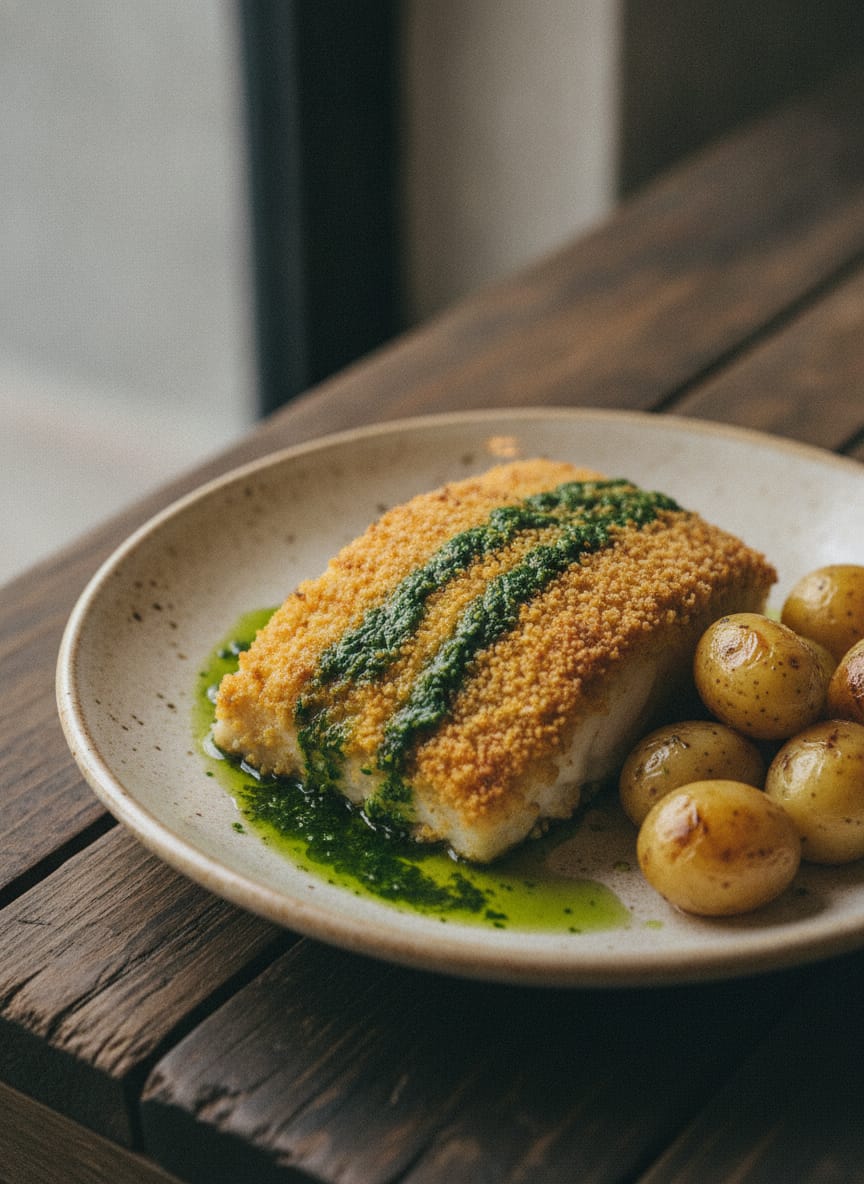 Bacalhau com broa e azeite de coentros